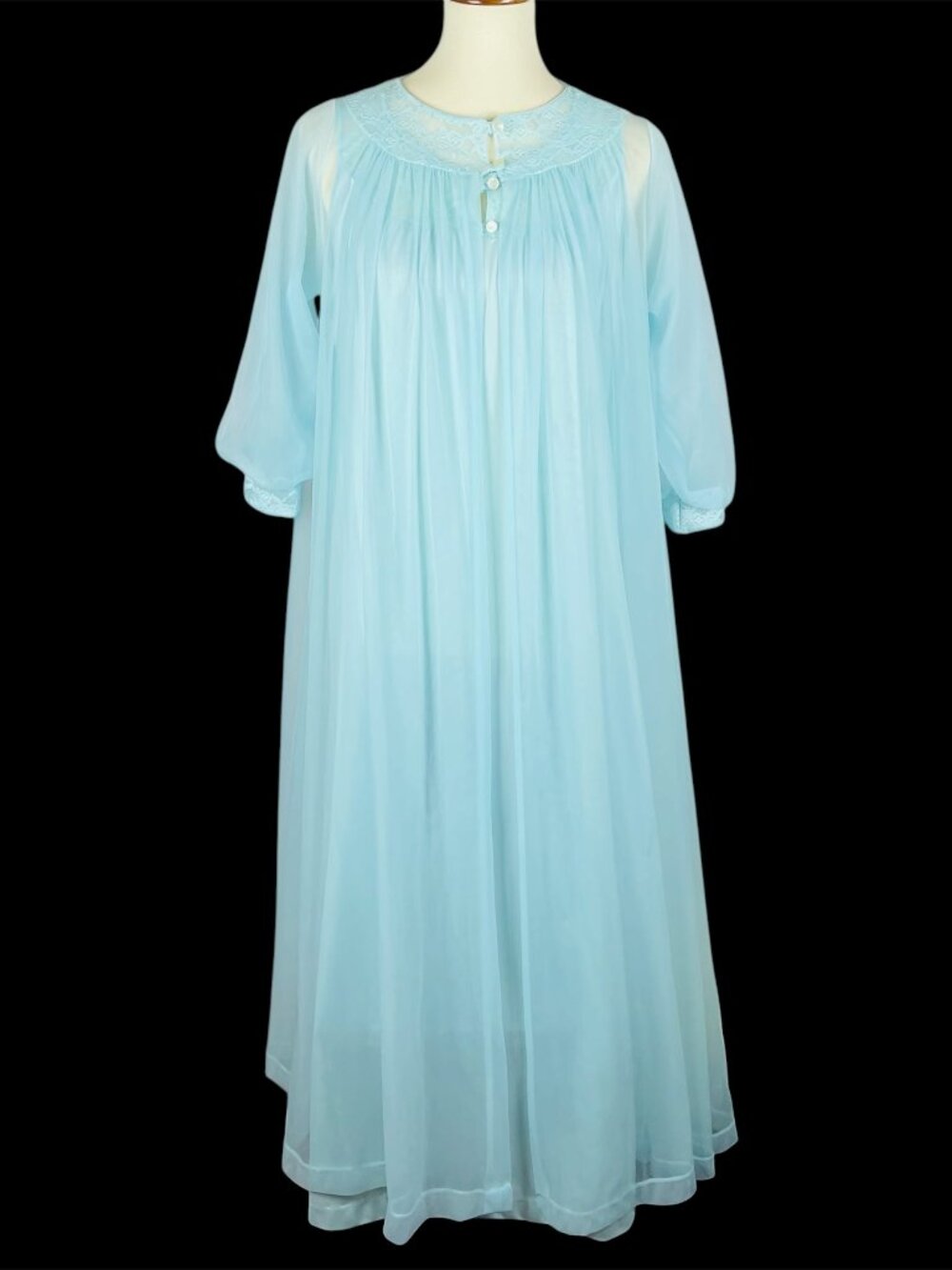Vtg 60s Penneys Gaymode Peignoir Nightgown Set Sz M Ice Blue Nylon Chiffon Sheer